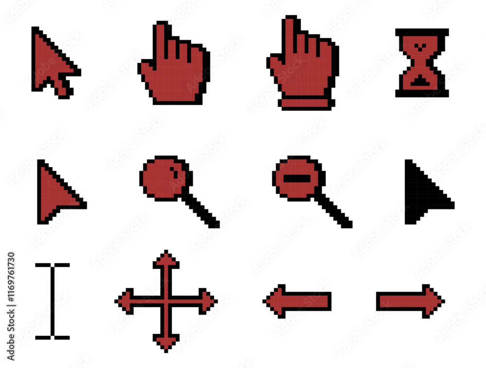 Poster pixel art computer cursor icons in red and black, pixel art computer cursor icons set, cursor pointe