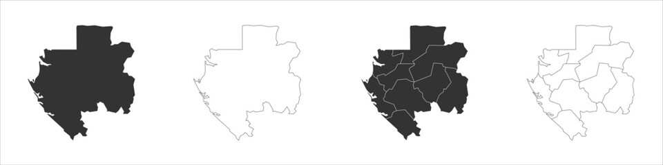 Gabon set of three maps - solid map, outline map and map highlighting administrative divisions. Three distinct maps illustrate various representations of a geographical area.
