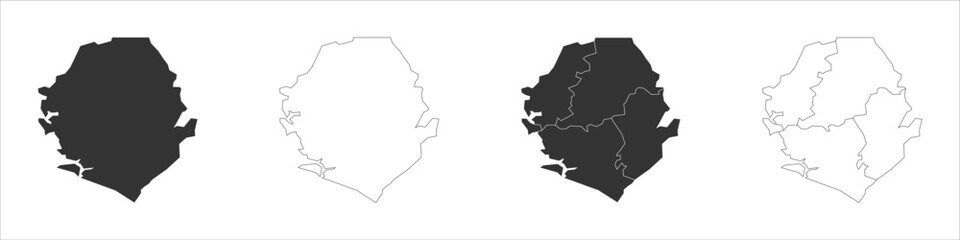 Sierra Leone set of three maps - solid map, outline map and map highlighting administrative divisions. Three distinct maps illustrate various representations of a geographical area.