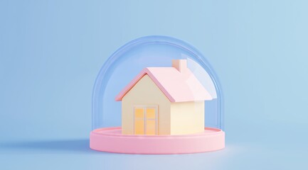 Tiny pink toy house protected by a transparent glass cover, symbolizing safety and comfort.