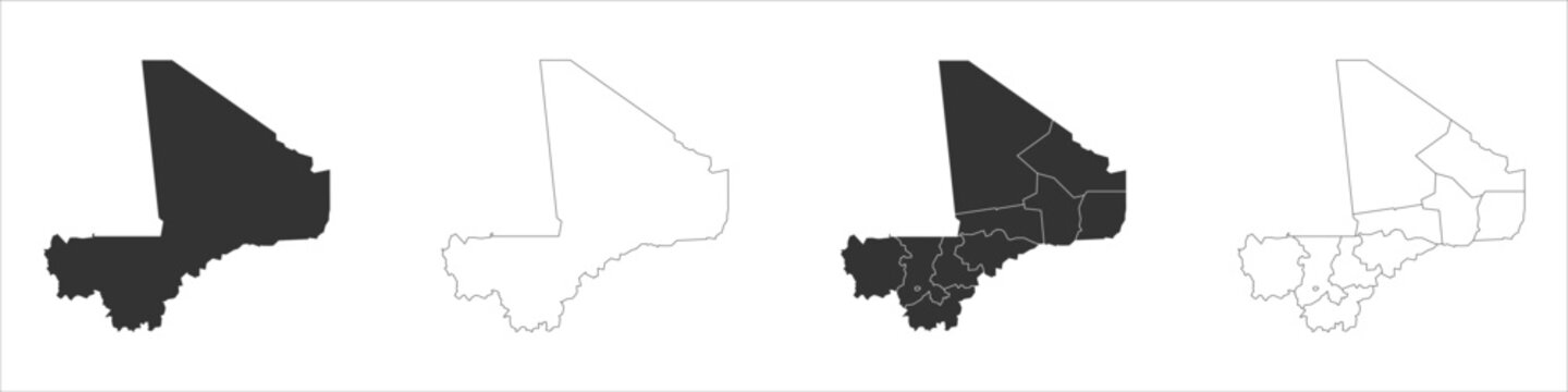 Mali set of three maps - solid map, outline map and map highlighting administrative divisions. Three distinct maps illustrate various representations of a geographical area.