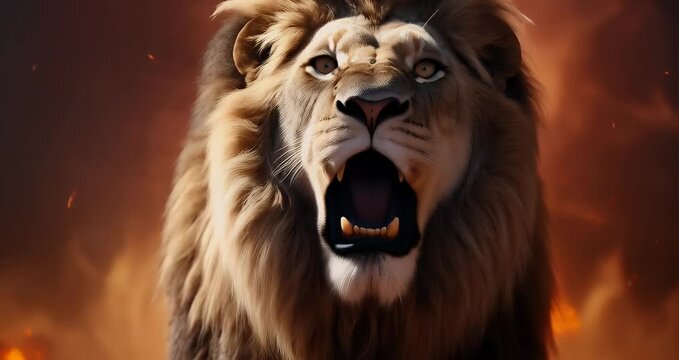Majestic lion walking through a dramatic landscape in golden light