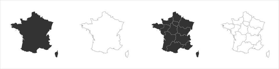 France set of three maps - solid map, outline map and map highlighting administrative divisions. Three distinct maps illustrate various representations of a geographical area.