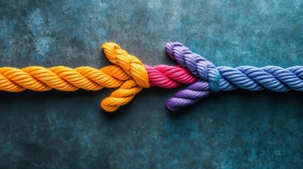 A vibrant assembly of colorful ropes intertwined to create a directional arrow, symbolizing collaboration and teamwork.