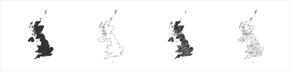 United Kingdom of Great Britain and Northern Ireland set of three maps - solid map, outline map and map highlighting administrative divisions. Three distinct maps illustrate various representations of
