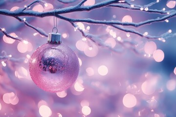 Fototapeta premium A glistening pink ornament hangs from a snow-dusted branch, illuminated by soft pink lights. Festive winter scene.