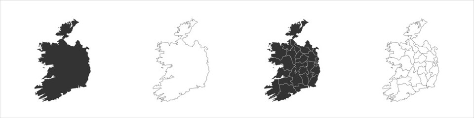 Ireland set of three maps - solid map, outline map and map highlighting administrative divisions. Three distinct maps illustrate various representations of a geographical area.