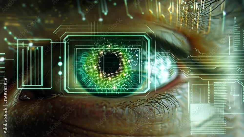 Poster a close-up representation of a human eye integrated with advanced circuitry and digital elements, sh