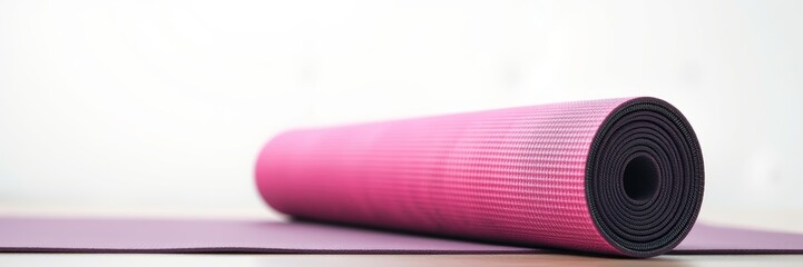 pink yoga mat rolled on a purple surface creating a serene atmosphere representing fitness and well-being in a minimalist setting