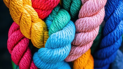 A vibrant assembly of colorful ropes intertwined to create a directional arrow, symbolizing collaboration and teamwork.