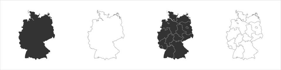 Fototapeta premium Germany set of three maps - solid map, outline map and map highlighting administrative divisions. Three distinct maps illustrate various representations of a geographical area.