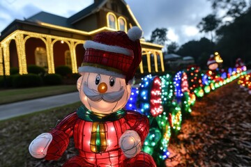 Naklejka premium Lighted Christmas display featuring a festive snowman figure and colorful decorations in front of a house adorned with lights.