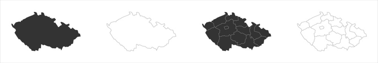 Obraz premium Czech Republic set of three maps - solid map, outline map and map highlighting administrative divisions. Three distinct maps illustrate various representations of a geographical area.
