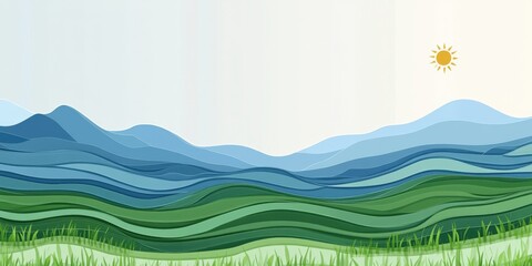 Obraz premium Stunning Abstract Landscape Art with Rolling Green Hills and Blue Mountains Under Sunny Sky - Perfect for Nature Lovers, Home Decor, and Artistic Inspiration