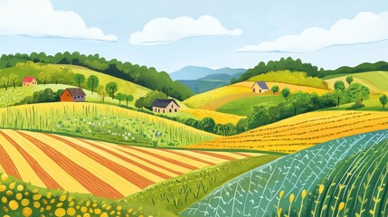 A vibrant farming scene depicting an agricultural field that emphasizes food security and ecosystem resilience in modern ecology.