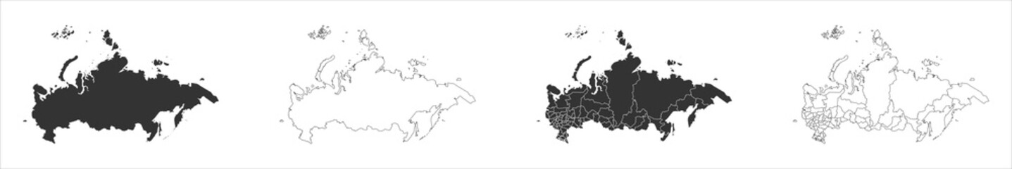 Obraz premium Russia set of three maps - solid map, outline map and map highlighting administrative divisions. Three distinct maps illustrate various representations of a geographical area.