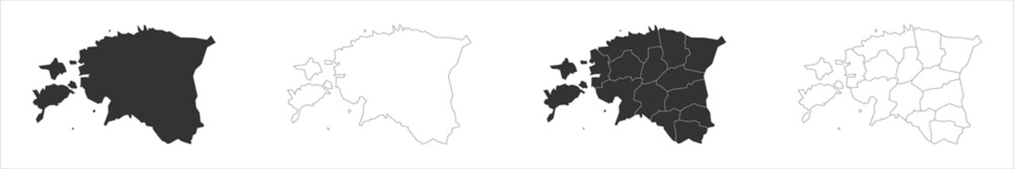 Estonia set of three maps - solid map, outline map and map highlighting administrative divisions. Three distinct maps illustrate various representations of a geographical area.