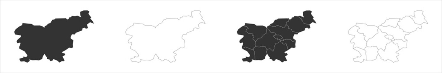 Obraz premium Slovenia set of three maps - solid map, outline map and map highlighting administrative divisions. Three distinct maps illustrate various representations of a geographical area.