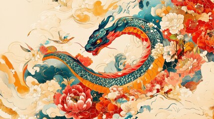 Obraz premium A vibrant poster celebrating the Year of the Snake for 2025, featuring a beautifully painted snake design.