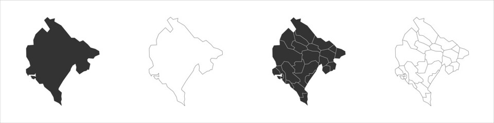 Montenegro set of three maps - solid map, outline map and map highlighting administrative divisions. Three distinct maps illustrate various representations of a geographical area.
