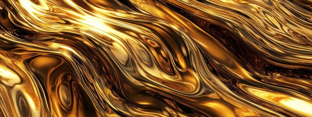 Liquid gold, flowing metallic texture, abstract fluid art, luxurious smooth surface, golden waves, reflective material, shiny metal, organic shapes, molten precious metal, high-contrast lighting, 3D r