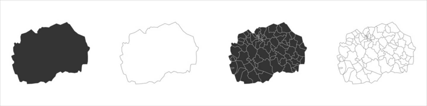 North Macedonia set of three maps - solid map, outline map and map highlighting administrative divisions. Three distinct maps illustrate various representations of a geographical area.