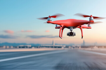 red drone flying over empty runway at sunset