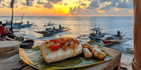 Obraz premium Stunning Beach Sunset Dining in the Philippines: Enjoy Authentic Filipino Cuisine with Fresh Seafood and Traditional Dishes Overlooking a Serene Ocean View