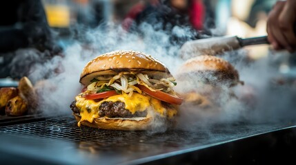 A vibrant street food vendor serving a freshly made cheeseburger, showcasing a deliciously assembled burger with melting cheese and a variety of fresh toppings.