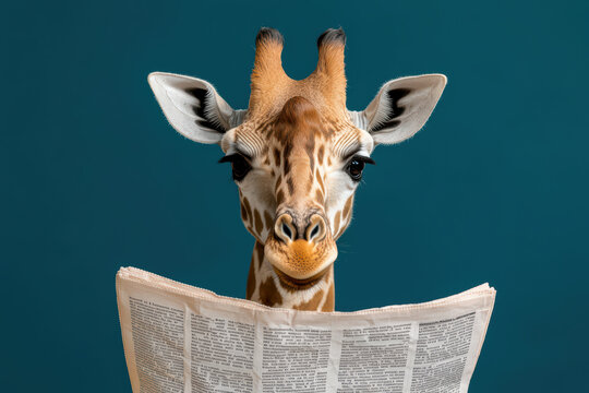 giraffe reading newspaper with curious expression