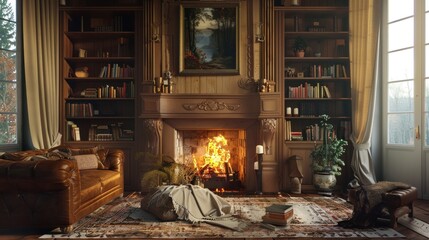 Classic interior with luxury fireplace, AI generated image