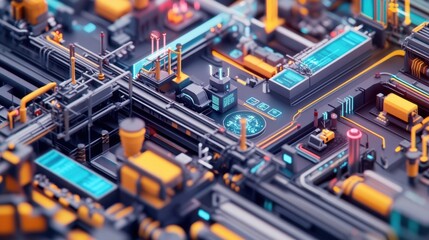 A detailed look at a smart factory environment featuring interconnected devices and screens that display workflow metrics and productivity analytics in vibrant colors.