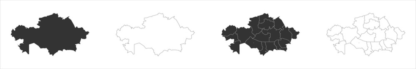 Fototapeta premium Kazakhstan set of three maps - solid map, outline map and map highlighting administrative divisions. Three distinct maps illustrate various representations of a geographical area.