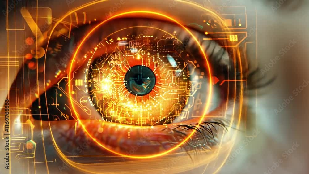 Poster Close-up of an eye featuring intricate circuit designs and glowing details representing artificial intelligence. The vibrant colors capture the essence of technology and innovation.