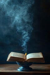 An open book with smoke rising from it, on top of an incense stand, against a dark background. This concept leaves space for the text. 