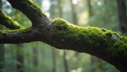 A close-up view of a moss-covered tree branch, bathed in soft, dappled sunlight filtering through the forest canopy. This serene image captures the enchanting beauty of nature, highlighting the