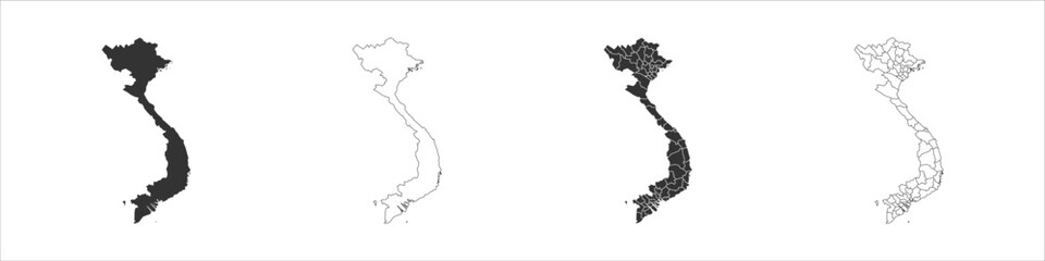 Vietnam set of three maps - solid map, outline map and map highlighting administrative divisions. Three distinct maps illustrate various representations of a geographical area.
