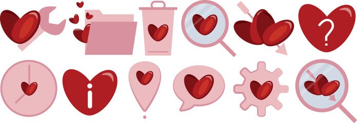 an original set of simple colored icons for Valentine's Day, consisting of a variety of standard icons with red bright hearts presented in various shapes