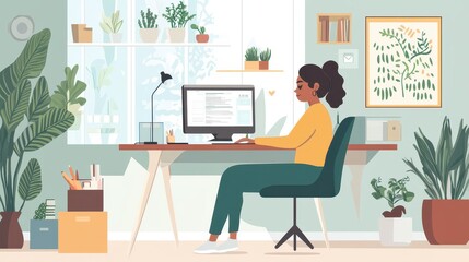 A young woman working at home on her computer, surrounded by a comfortable and productive home office setup.
