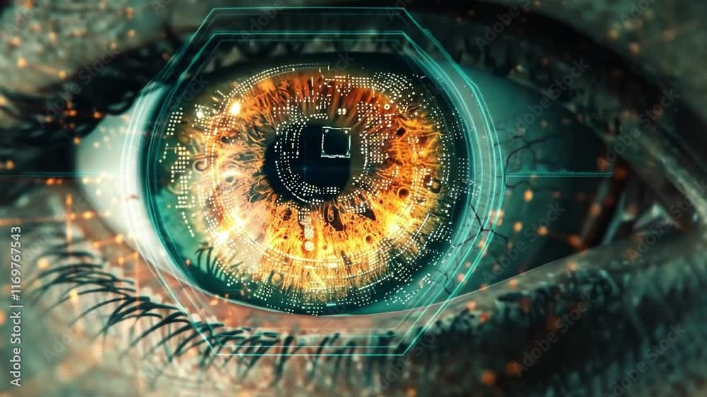 Poster an eye features detailed patterns and glowing circuits, symbolizing the convergence of human vision 
