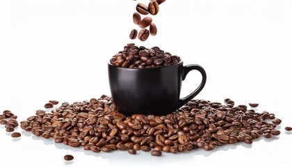 Naklejka premium coffee beans falling out of black cup isolated on white or transparent