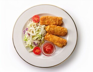 chicken tenders wrap coleslaw tomato slices mayonnaise on white plate isolated on white topview overhead view