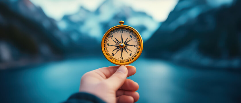 traveler holds vintage compass against scenic backdrop