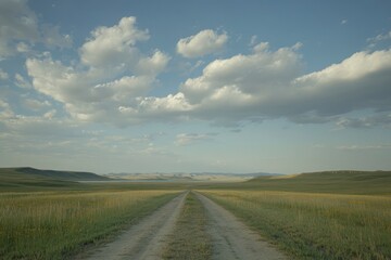 Fototapeta premium an expansive view of the sky with dramatic clouds over an empty road in Pat/open prairie near enormous lake, urtleback energy is written on it, shot from low angle, natural lighting, national geograph