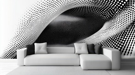 An abstract black and white dot wave pattern creates a visually striking wallpaper with its dynamic interplay of shapes and contrasts.