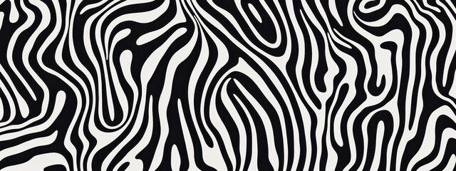 Abstract pattern, black and white stripes, organic curves, zebra-like texture, psychedelic swirls, optical illusion, fluid lines, wavy contours, hypnotic design, high contrast, seamless repeating patt