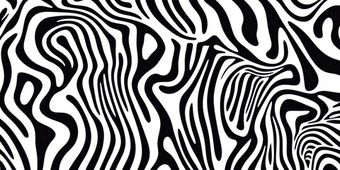 Abstract pattern, black and white stripes, organic curves, zebra-like texture, psychedelic swirls, optical illusion, fluid lines, wavy contours, hypnotic design, high contrast, seamless repeating patt