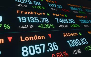 Obraz premium Frankfurt, London, Paris, Athens, stock market and exchange information, percentage changes. Business and trading information. Concept, 3D illustration