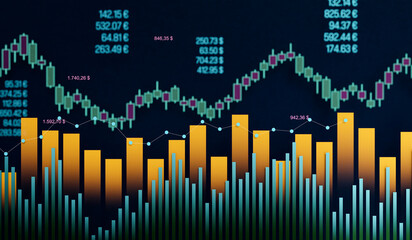 Blue and yellow charts, bar graphs and data in a abstract concept. Business, financial figures, information, trading, stock market and exchange. 3D illustration