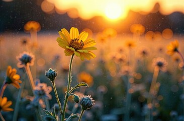 Bright yellow flowers bloom under the golden sunset in a serene field